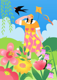 女孩在绿色的草地上寻找春天的气息