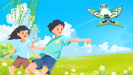 春天放风筝的孩子