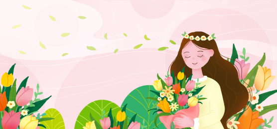 在花丛中抱花的少女扁平风插画