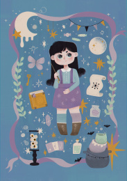 可爱黑色长发魔法少女和魔法小物品