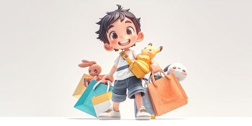 小男孩拿着许多购物袋购物主题