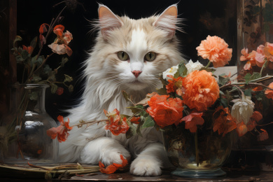 小猫和花瓶在桌上