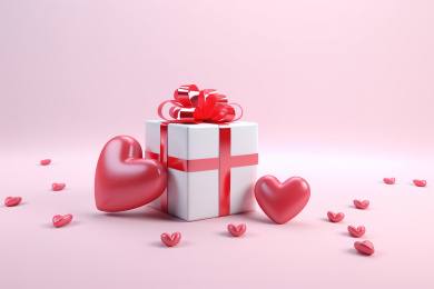 情人节概念三维3D渲染粉色礼盒和爱心