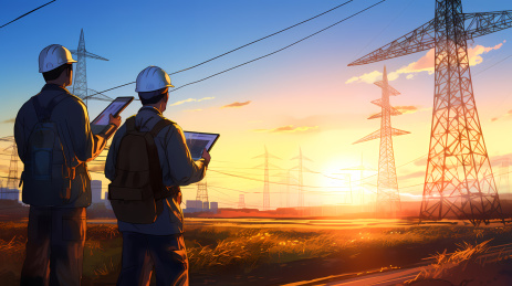 工程师在高压电塔下工作