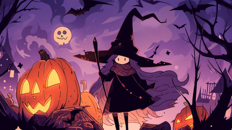 手绘卡通万圣节女巫装扮女孩插画