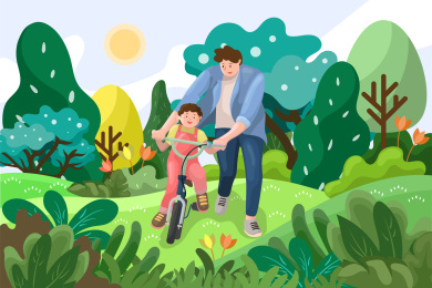 父亲手把手教儿子骑自行车