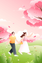 樱花季情侣出游矢量插画