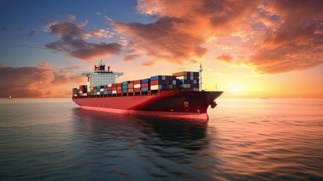 集装箱货船货轮在日落的海上航行