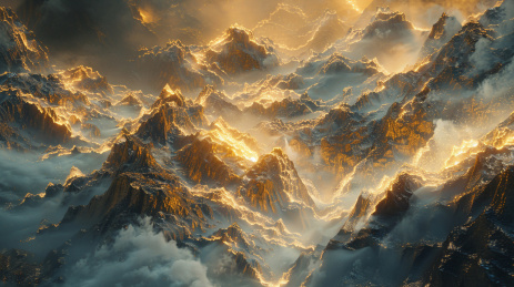 3D渲染国潮风金蓝色山脉、河流