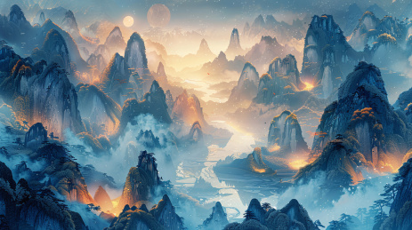 3D渲染国潮风金蓝色山脉、河流