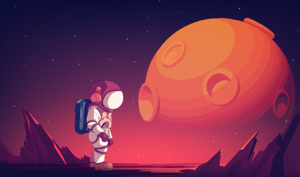 宇航员探索太空的横版插图背景是星空与星球