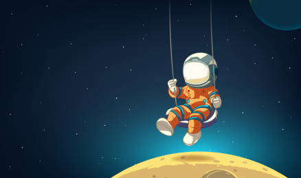 宇航员在太空中荡秋千的横版插图背景是星空