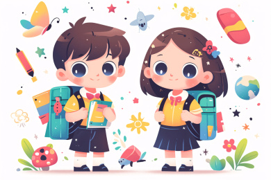 开学季背书包回到学校里的学生教育插画，教