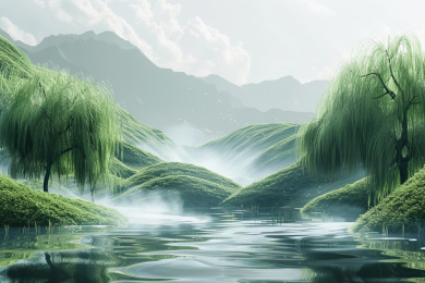 春天宁静的湖边风景