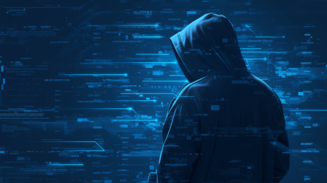 黑客背对镜头站在数字化科技感背景前
