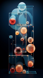 透明矩形与浮动球体的抽象图像