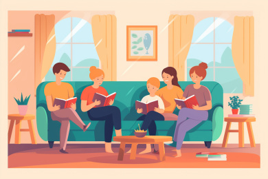 插画看书的家庭