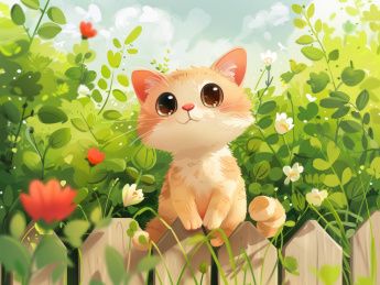花园中的小猫：五彩斑斓的插图