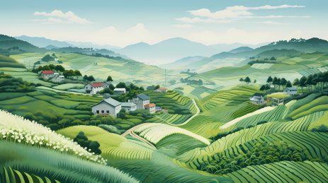 中国南方乡村田野农田水粉插画