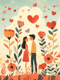 粉红色情侣卡通插画