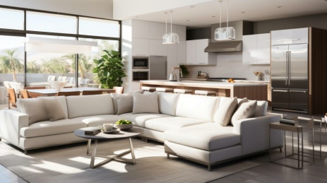 现代风格白色客厅厨房餐厅一体设计