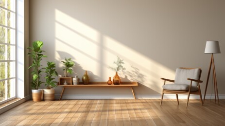 空旷的房间有大窗户木桌椅子和几盆植物