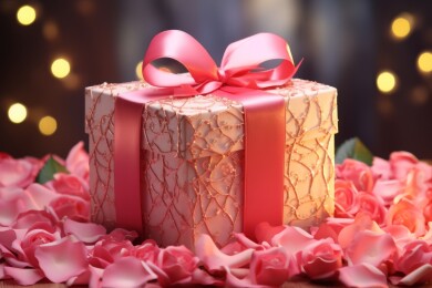 粉色丝带和粉色玫瑰的粉色礼盒