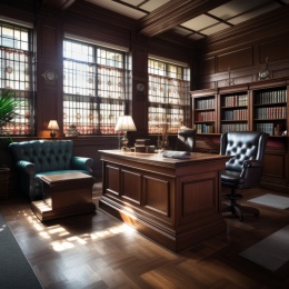 复古办公室内部带大桌子和书架
