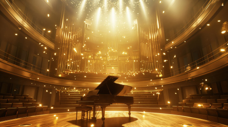 金色音乐大厅，钢琴上方有许多金色发光粒子
