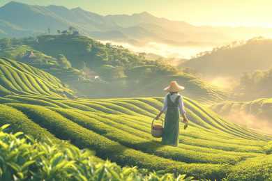 清晨茶山上采茶的人