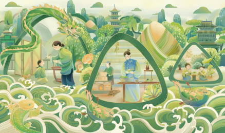端午包粽子场景插画
