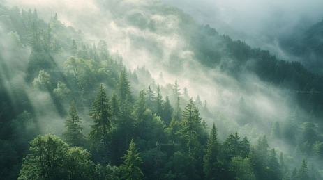 浓雾笼罩着绿色茂密的森林，令人惊叹的早晨