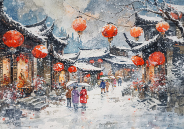 除夕新年热闹的场景插画