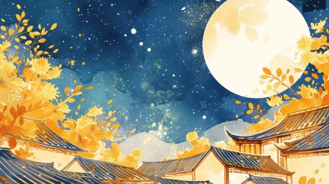 月亮下的古代屋顶