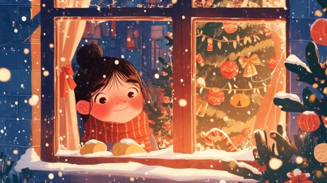 圣诞节窗户前的女孩