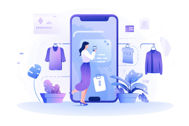 蓝色系扁平风女人使用手机网上购物概念