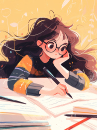 戴着眼镜写作业的长发美女
