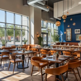 现代餐厅内部蓝墙和落地窗