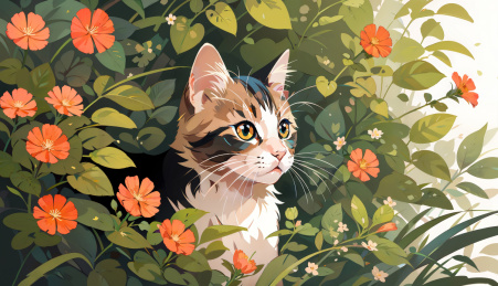 春天花开花丛中的可爱狸花猫