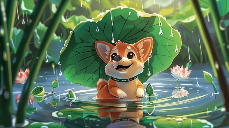 卡通宠物小狗躲在荷叶雨伞下避雨