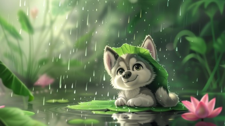 卡通宠物小狗躲在荷叶雨伞下避雨