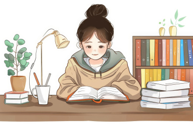 女生大学生在图书馆里学习插画