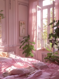 一间粉色法式卧室的内部