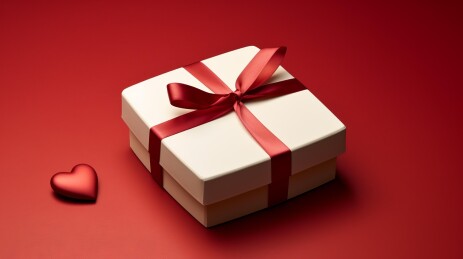 红色背景上的白色礼盒和一颗红色的心形装饰