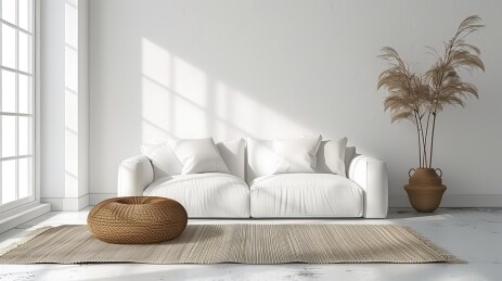 明亮通风的客厅白色沙发和中性装饰