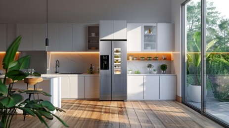 现代厨房内部设计配有不锈钢冰箱