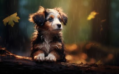 宠物小狗在树林里淋雨