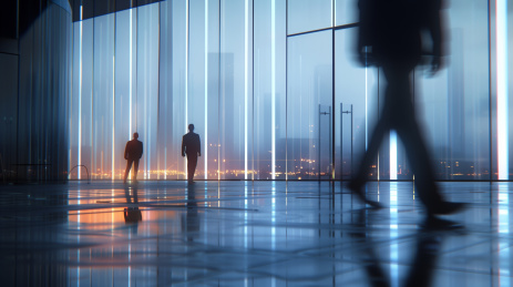 幽暗的现代极简商务办公大厅霓虹幕墙海报