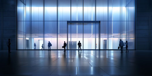 幽暗的现代极简商务办公大厅霓虹幕墙海报