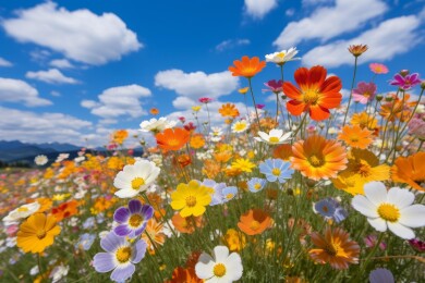 五彩缤纷的花田在蓝天下
